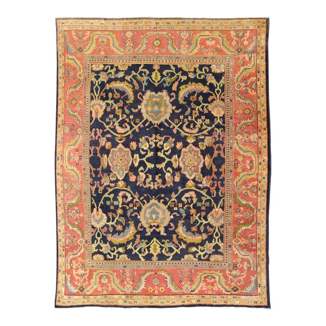 Antique Persian Sultanabad Carpet in Navy Blue Background and Rose Red Border 10'5 X 13' For Sale