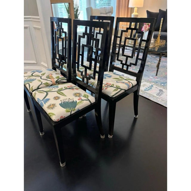 Black Lacquered Fretwork Dining Chairs Attributed to Jean Claude Mahey for Roche Bobois - Set of 4 For Sale - Image 9 of 12