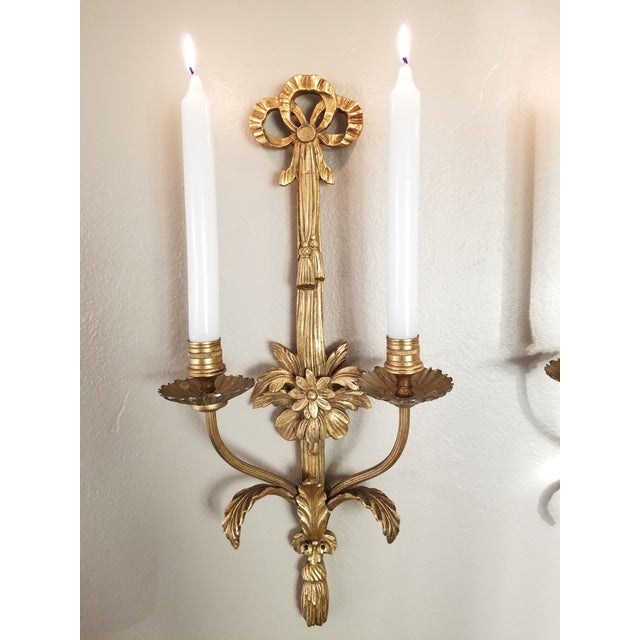 Vintage Pair of Friedman Brothers New York Louis XVI Style Gilt Gesso Wall Sconces For Sale - Image 12 of 18
