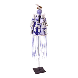 Yoruba Blue and White Beaded Crown on Stand With Birds