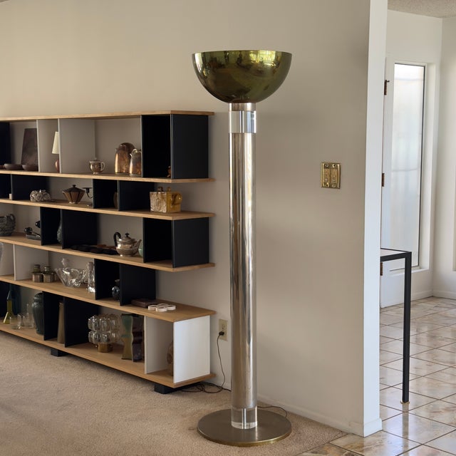 1970s 1970s Monumental Chrome, Brass and Lucite Torchiere Floor Lamp by Karl Springer For Sale - Image 5 of 10