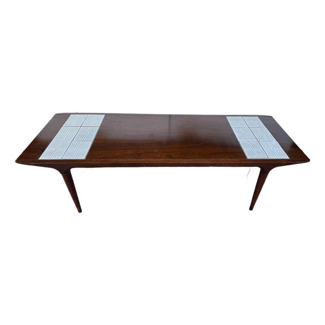 1950’s American Mod Century Modern Walnut Coffee Table With Atomic Tile Inserts For Sale