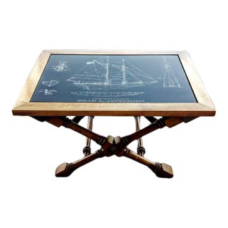 End Table W Soapstone Inset Engraved W Blueprints of the Grand Banks Fisherman, Isiah L. Jefferson For Sale