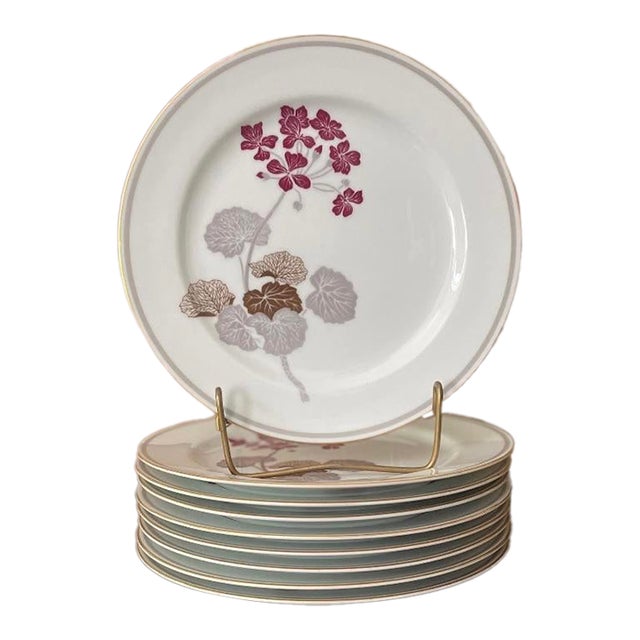 Vintage Noritake Geranium Burgundy and Gray 10” Dinner Plates - Set of Nine (9) For Sale