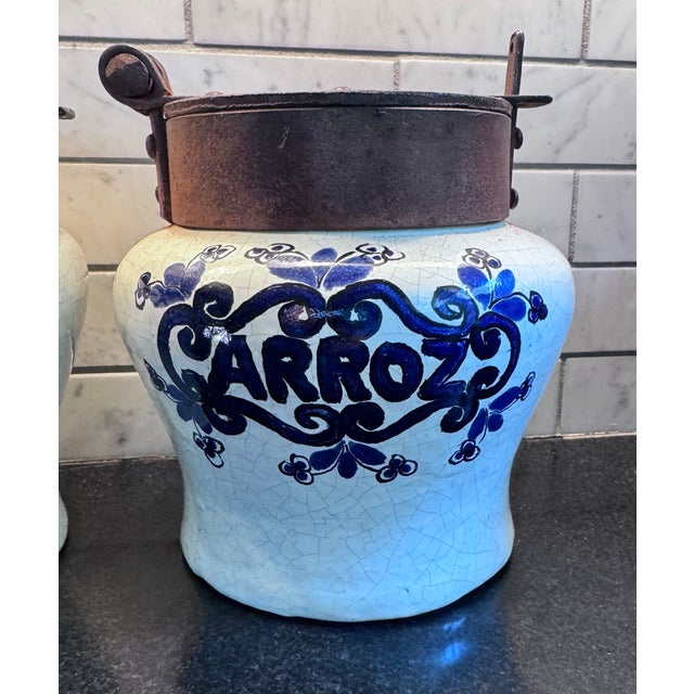 Cream Three Mexican Talavera Style Glazed Pottery Canisters With Iron Hinged Lids For Sale - Image 8 of 11