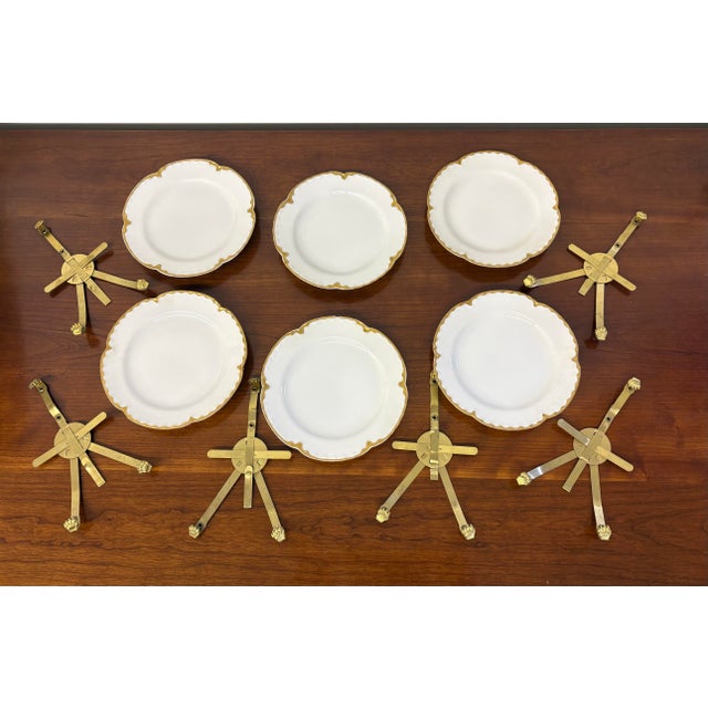 Antique French Haviland Limoges 6 Plate Set With Brass Depose Leboullanger Freres Wall Hangers For Sale In Louisville - Image 6 of 7