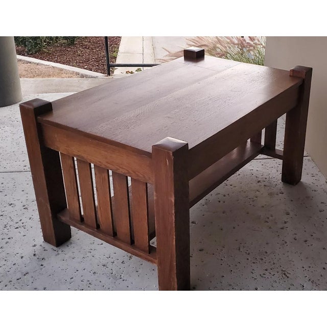 Rare 1900s Antique Mission Oak Craftsmen Library Table With Pullout Writing Desk With Ink Well For Sale - Image 15 of 16