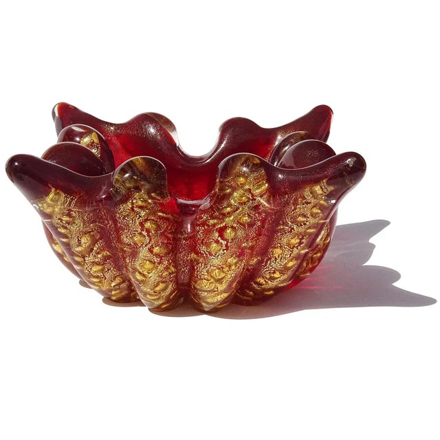 Beautiful vintage Murano hand blown ruby red, bubbles and gold flecks Italian art glass decorative spike corners bowl /...