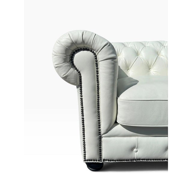 White Leather Chesterfield Club Chair | Tufted Chair-and-a-Half | Nailhead Trim & Bun Feet For Sale - Image 4 of 7