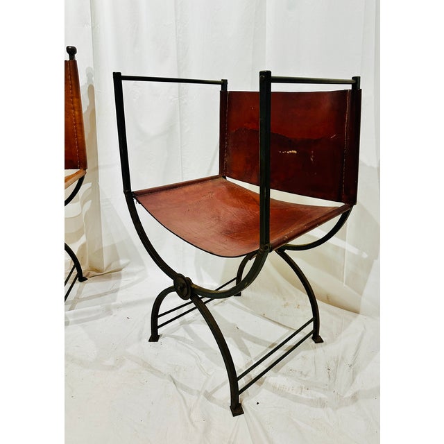 Mid 20th Century Mid 20th Century Pair of Savonarola-Style Leather & Forged Iron Armchairs For Sale - Image 5 of 6