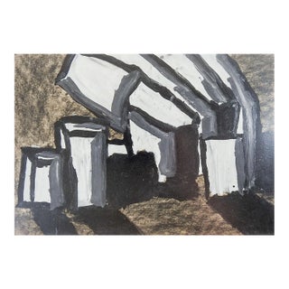 Vintage Mid Century Abstract Black White Tan Geometric Painting For Sale