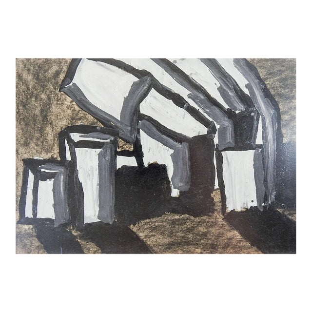 Vintage Mid Century Abstract Black White Tan Geometric Painting For Sale