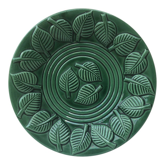 1950s Large Green Majolica Platter With Leaves Saint Clement For Sale