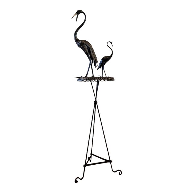 1940s French Mid-Century Japanesque Bronze Crane Bird Sculptures on Wrought Iron Pedestal - Zen Garden Statue For Sale
