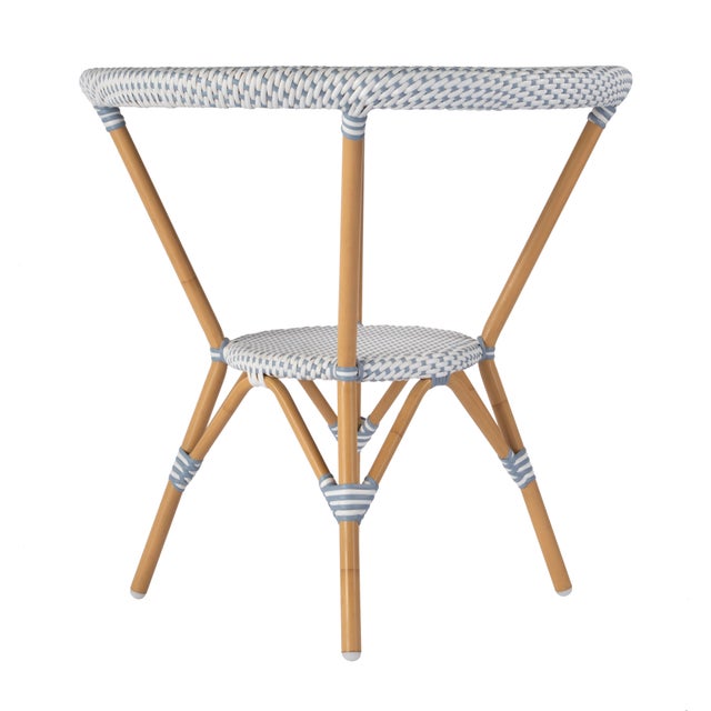 Wood Tobias 30 in. W Outdoor Round Rattan and Metal Bistro Table, Blue/White Dot / Natural Rattan Frame For Sale - Image 7 of 9