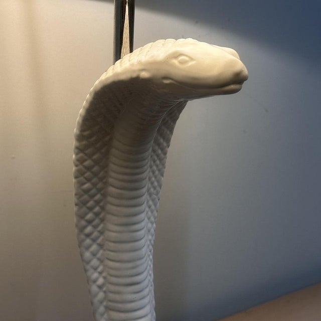 Hollywood Regency Vintage White Ceramic Cobra Table Lamp attributed to Tommaso Barbi, 1970s For Sale - Image 3 of 14