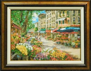 s.sam Park "Paris Flower Market" Giclee on Canvas Framed Hand Signed Art