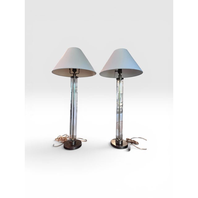 Coastal 1990s Pair of Ralph Lauren Home Adjustable Tubular Glass & Brass Table Lamps With Original Shades For Sale - Image 3 of 13
