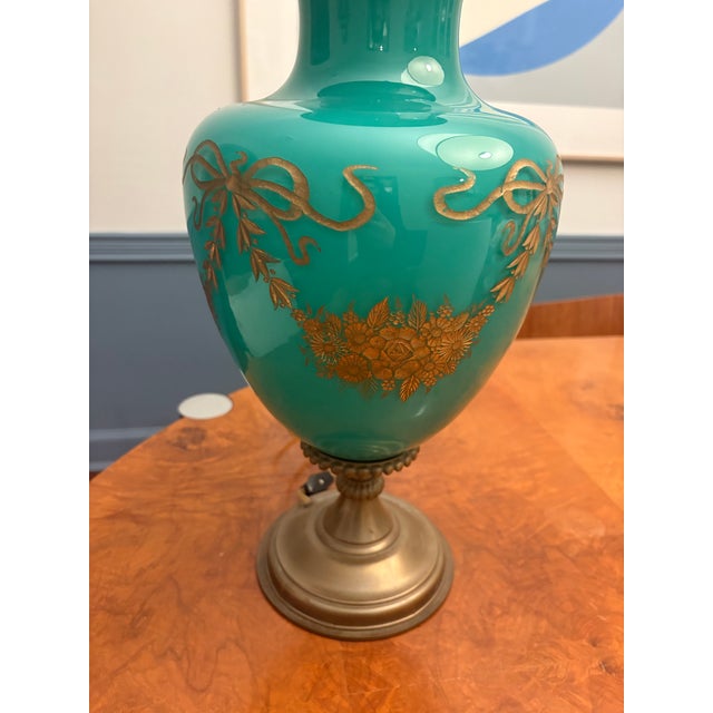 Gorgeous Vintage Brass and Gold Etched Glass Lamp For Sale - Image 10 of 11