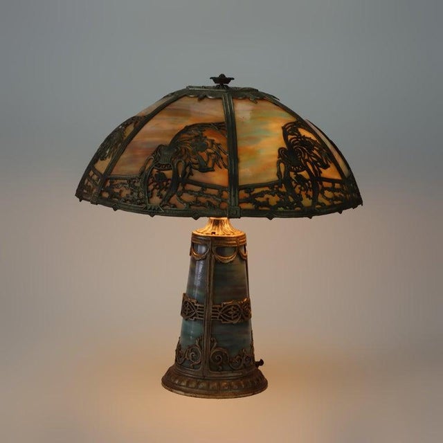 Arts & Crafts Antique Bradley & Hubbard School Lighted Base Slag Glass Table Lamp C1920 For Sale - Image 3 of 8
