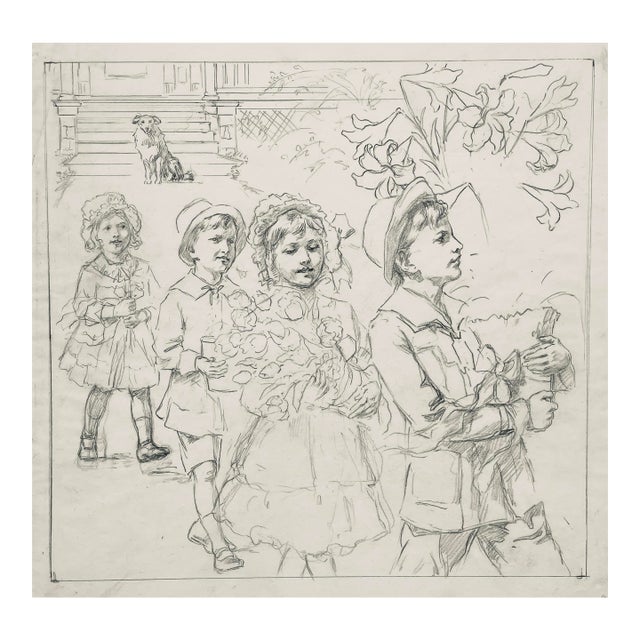 1890s George Tobin Drawing of Children Going to a Party For Sale