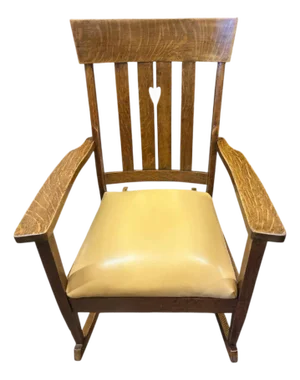 Antique Arts and Crafts Quarter Sawn Oak Rocking Chair With Heart Cutout and New Mustard Leather Seat - Circa 1905