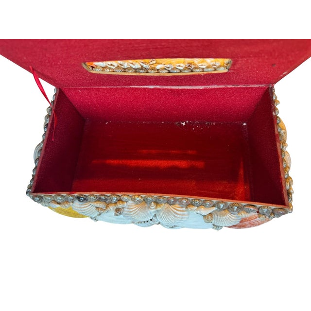 Textile Vintage Handmade Seashell Encrusted Coastal Folk Art Tissue Box Cover With Red Velvet Lining For Sale - Image 7 of 8
