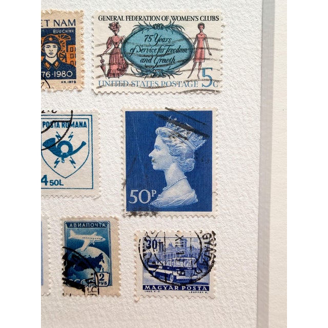 Framed Vintage Postage Stamp Collage, Petites Couleurs: Bleu For Sale In Madison - Image 6 of 11