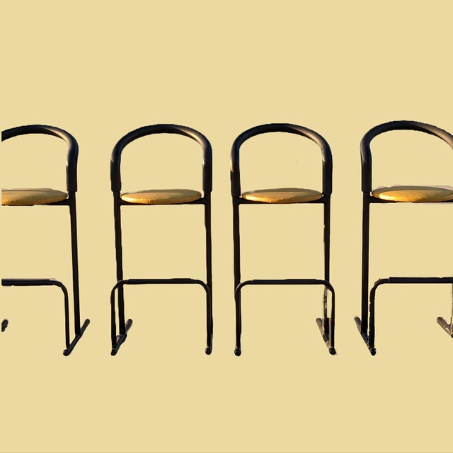 Contemporary Set of Five 1980s Amisco Postmodern Tubular Steel and Yellow Leather Barstools For Sale - Image 3 of 18