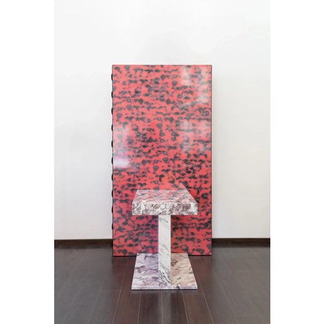 Rare mobile in abet digitalprint laminate. Black tinted maple drawers, pecos marble table. Designed by Ettore Sottsass, it...