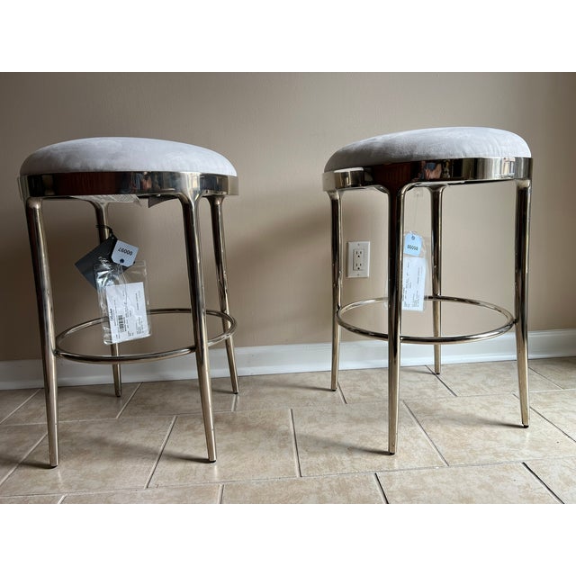 Baker Furniture Minimalist Counter Stool, Polished Nickel Base, Swivel Seat in White Suede - Pair For Sale - Image 15 of 18