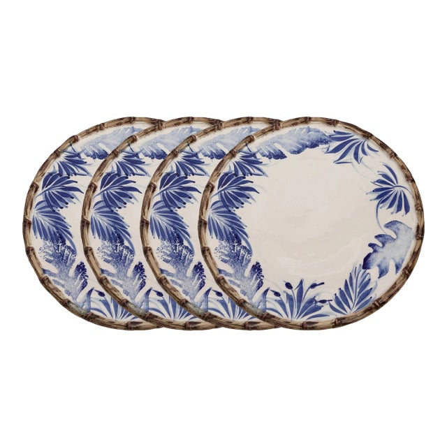 Compagnia Salad/Dessert Plate - 8.5", Blue Leaves with Bamboo, Set of 4 For Sale