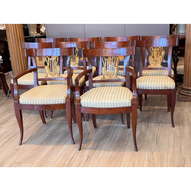 Set of Ten Italian Neoclassical Parcel Gilt Walnut Dining Chairs For Sale - Image 6 of 14