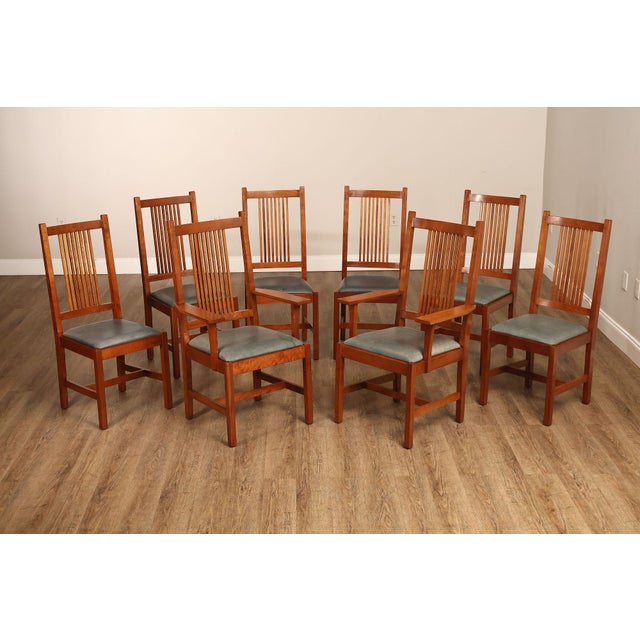 High Quality American Made Set of Eight Solid Cherry Dining Chairs with Spindle Backrests and Leather Upholstered Seats,...