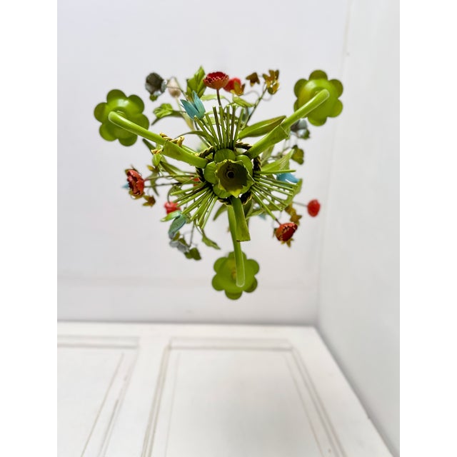 Mid-Century Floral Bouquet 3-Light Chandelier in Green Painted Tole Metal, 1960s For Sale - Image 9 of 16