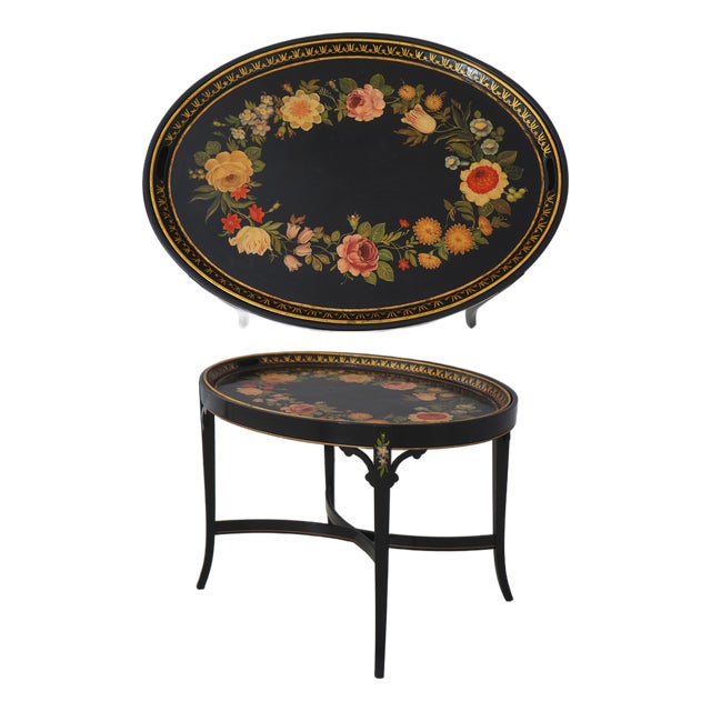 Vintage Black Lacquer Toleware Tray Top End Table For Sale