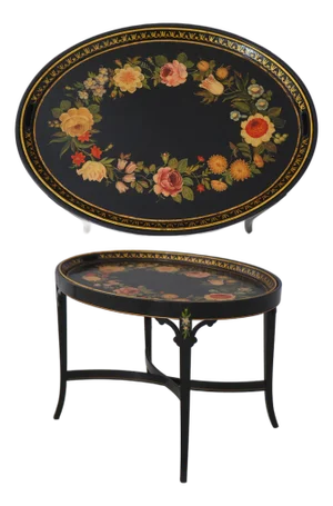 Vintage Black Lacquer Toleware Tray Top End Table