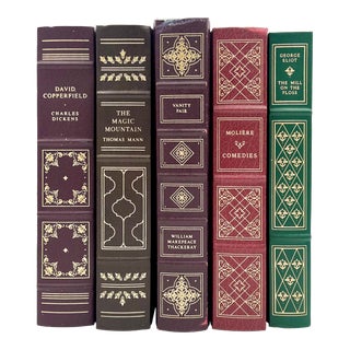 Set of 5 Vintage Embossed Leather Bound Classic Books With Gilded Edge Pages For Sale