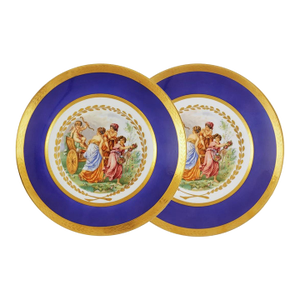 1950s Royal Copenhagen “Cupid’s Chariot” Wall Plates Royal Blue Gold - A Pair