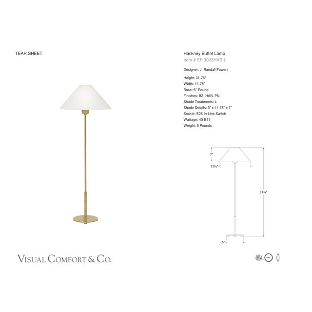 J. Randall Powers by Visual Comfort Signature Hackney Buffet Lamp in Hand-Rubbed Antique Brass with Linen Shade Designer:...