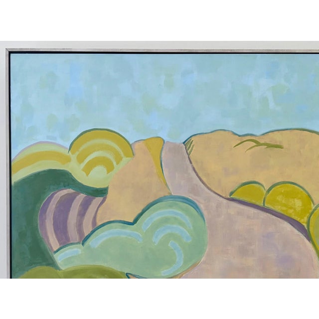 An abstract landscape of a path through the beach dunes in beautiful shades of sandy neutrals and greens with a robin's...