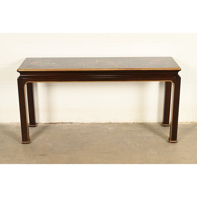 1980s Henredon Hollywood Regency Chinoiserie Mahogany Hand-Painted Console Table With Bird Motif | Circa 1980s For Sale - Image 5 of 16