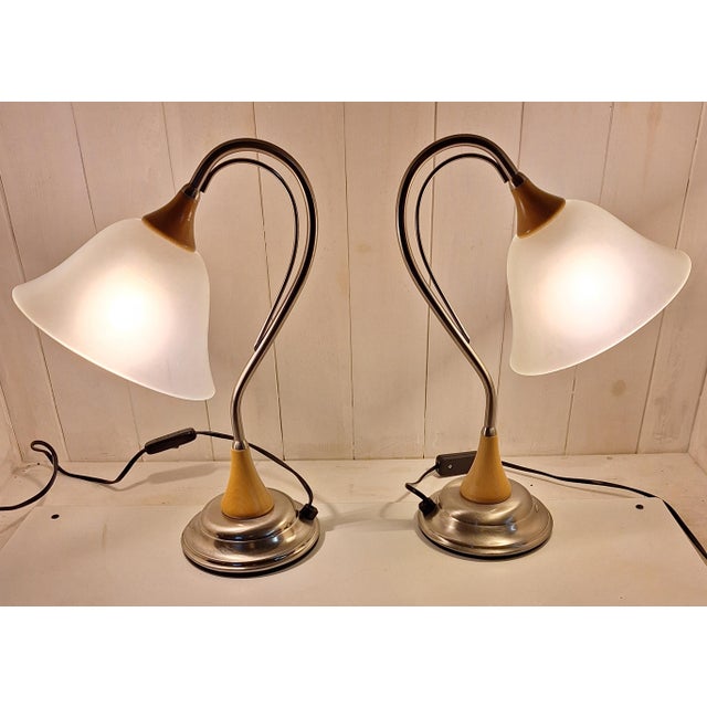 Vintage Table Lamps in Metal Frame with Beechwood and White Glass Shade, 1990s, Set of 2 For Sale - Image 3 of 7