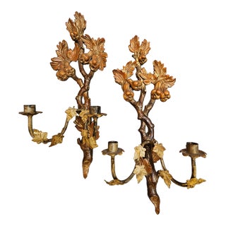 1920s Carved and Parcel Gilt Carved Faux Bois Wood 2 Arm Candle Sconces - a Pair For Sale