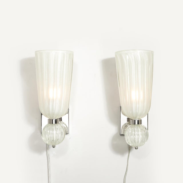 Modern Modernist Hand-Blown Fluted 24k White Gold Fleck Murano Glass & Nickel Sconces For Sale - Image 3 of 13