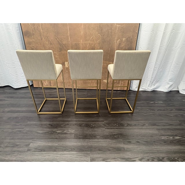 Contemporary Rh Emery Armless Fabric Counter Stools – Set of 3 Perennials® Performance Textured Linen Weave – Sand | Burnished Brass | Counter Height For Sale - Image 3 of 18
