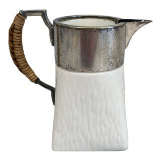 1960s Wedgwood British Porcelain & Silver Plate Cream Pitcher With Wicker Handle For Sale