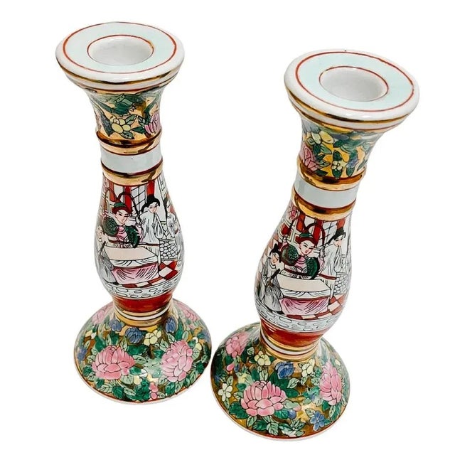 1980s 1980 Vintage Rose Medallion Candlestick Holders - a Pair For Sale - Image 5 of 6