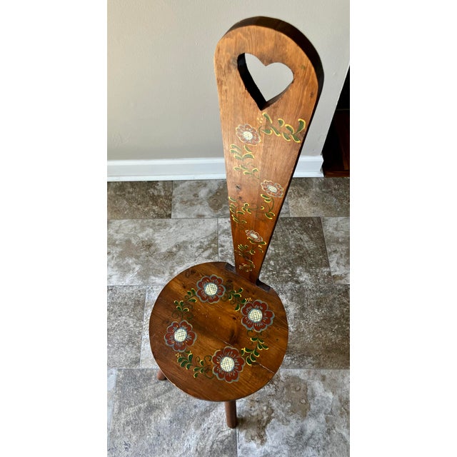 Farmhouse Vintage European Folk Art Hand-Painted Pine Stabelle Chair With Heart Cutout For Sale - Image 3 of 18