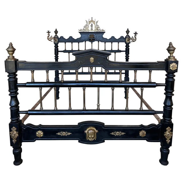 French Black Ebonized Bed With Bronze Mounts and Candle Holder , Signed For Sale - Image 13 of 13